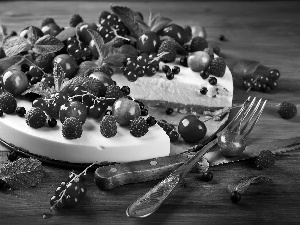 Fruits, cherries, fork, raspberries, knife, cheesecake, cake, currants