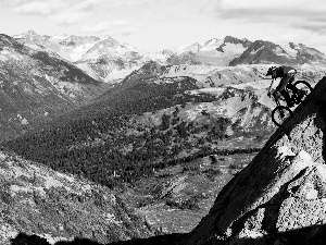 Mountains, rocks, cyclist, woods