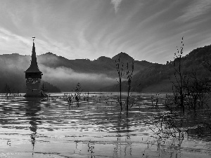 dawn, flood, Mountains, Fog, Church