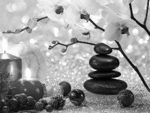 Candles, Stones, Christmas, Towel, orchids, baubles, composition