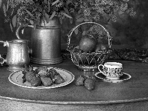 still life, apples, dishes, strawberries