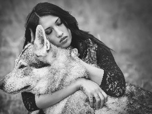 Women, dog, Czechoslovakian Wolfdog, brunette