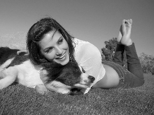 dog, Mountains, girl, Meadow, happy