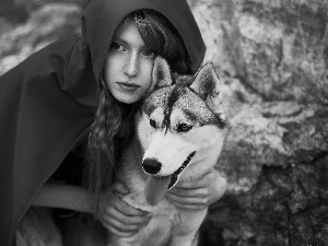 dog, Husky, red hot, cape, Women