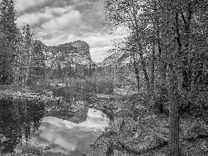 Mountains, Yosemite National Park, Half Dome Peak, rocks, State of California, The United States, viewes, Mirror Lake, trees