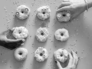 donuts, Women, hands, Donuts