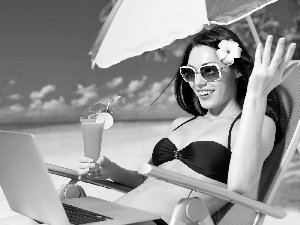 Glasses, Beaches, laptop, Women, sea, Drink, holiday