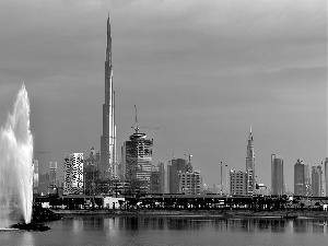 Khalifa, dawn, Dubai, Fountains, panorama, Burj