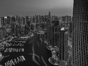 Dubaj, night, clouds, Boats, skyscrapers