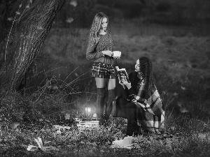 car in the meadow, forest, autumn, Leaf, Dusk, mountains, Girls, lantern