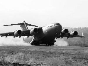 landing, troop-carrier, Boeing C-17 Globemaster III, dust