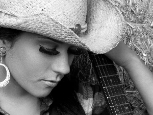 Hat, Guitar, make-up, ear-ring, Women