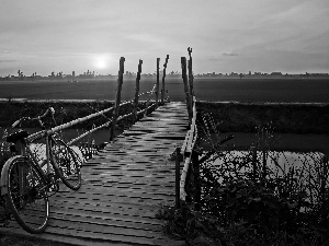 Bike, brook, east, sun, medows, footbridge