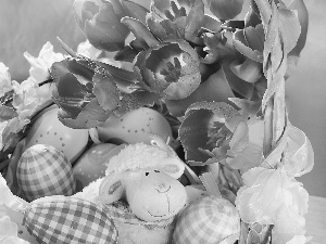 eggs, composition, Easter, Tulips