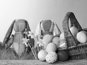 toys, Easter, eggs, Daffodils, basket, Rabbits