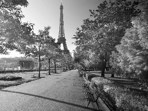 Eiffla Tower, alley, autumn, bench, Park, Paris, France