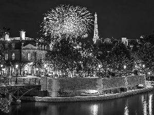 Eiffla Tower, France, bridge, fireworks, River, Paris