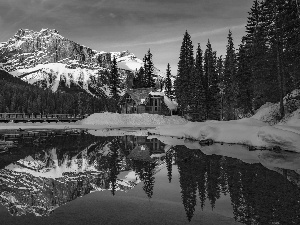 Emerald Lake, Yoho National Park, viewes, Mountains, Canada, trees, house