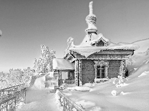 viewes, mountains, Lighthouse, trees, house, fence, winter