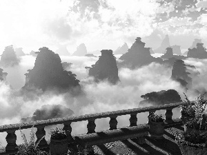 clouds, Balcony, fern, rocks