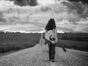 field, clouds, Guitar, Way, girl