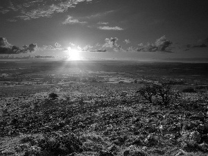 Farms, Stones, field, medows, horizon, Ireland, rays, sun, clouds