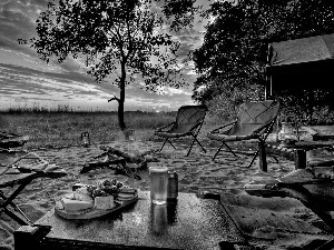 Stool, west, fire, bivouac, table, sun