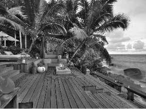 fire, Palms, clouds, sea, Sky, couch, Hotel hall, Stones