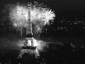Eiffla Tower, Night, fireworks, Paris