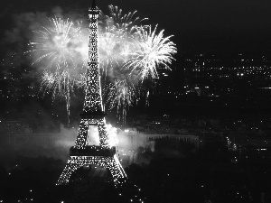 Eiffla Tower, Night, fireworks, Paris