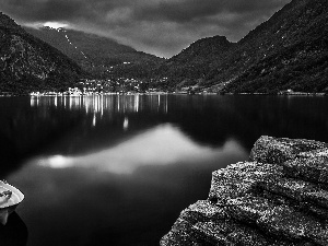 Mountains, Norway, light, Boat, reflected, Fiord Geiranger