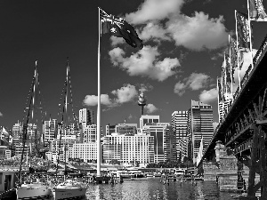 skyscraper, Harbour, flag, Australia, bridge, Yachts