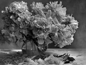 flakes, bowl, bouquet, Peonies, Flowers