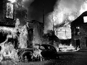 Flames, ruins, Automobile