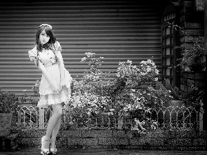 Flower, House, Japanese, flower-bed, girl