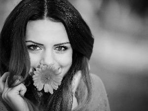 smiling, make-up, Flower, brunette