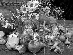 Flowers, mushrooms, basket