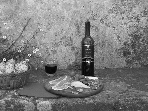 Bottle, bread, Flowers, Wines