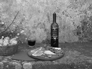 Bottle, bread, Flowers, Wines