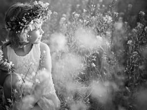 ligh, girl, Meadow, flash, Flowers, small, wreath, luminosity, sun, small bunch