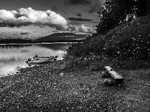 Flowers, clouds, Boats, Mountains, lake