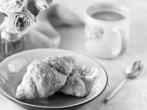 croissants, Flowers, Cup, plate, coffee