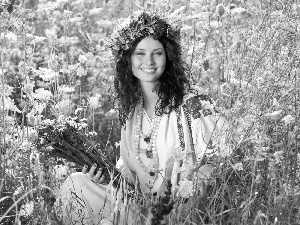 Flowers, grass, brunette, Meadow, smiling