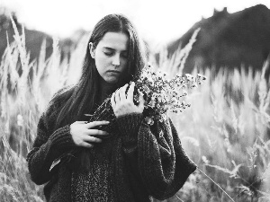 Women, bouquet, flowers, light brown