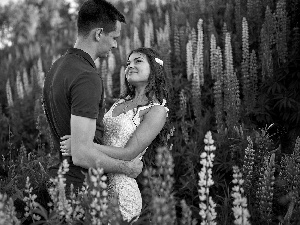 Women, Flowers, lupine, a man