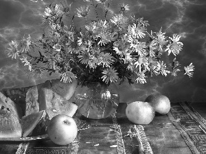 flowers, plate, apples, bouquet, watermelon