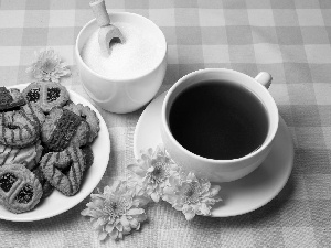 tea, sugar-bowl, Flowers, cookies