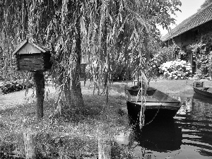 viewes, Flowers, Houses, lake, Boats, trees, Park, Harbour