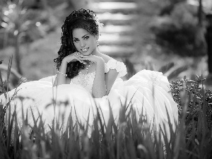 young lady, Flowers, White, Dress, Women