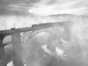 bridge, River, Fog, Train